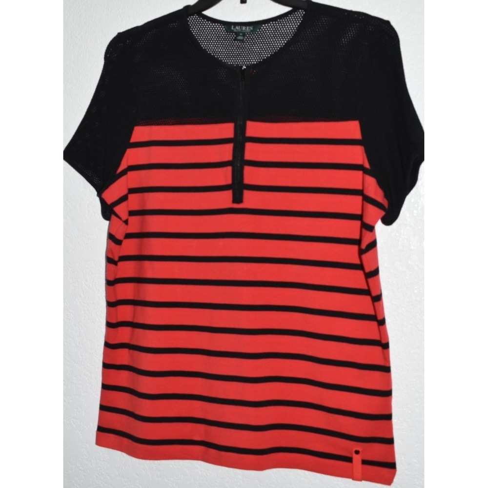 Lauren Ralph Lauren Black and Coral Striped Long Sleeve Tee